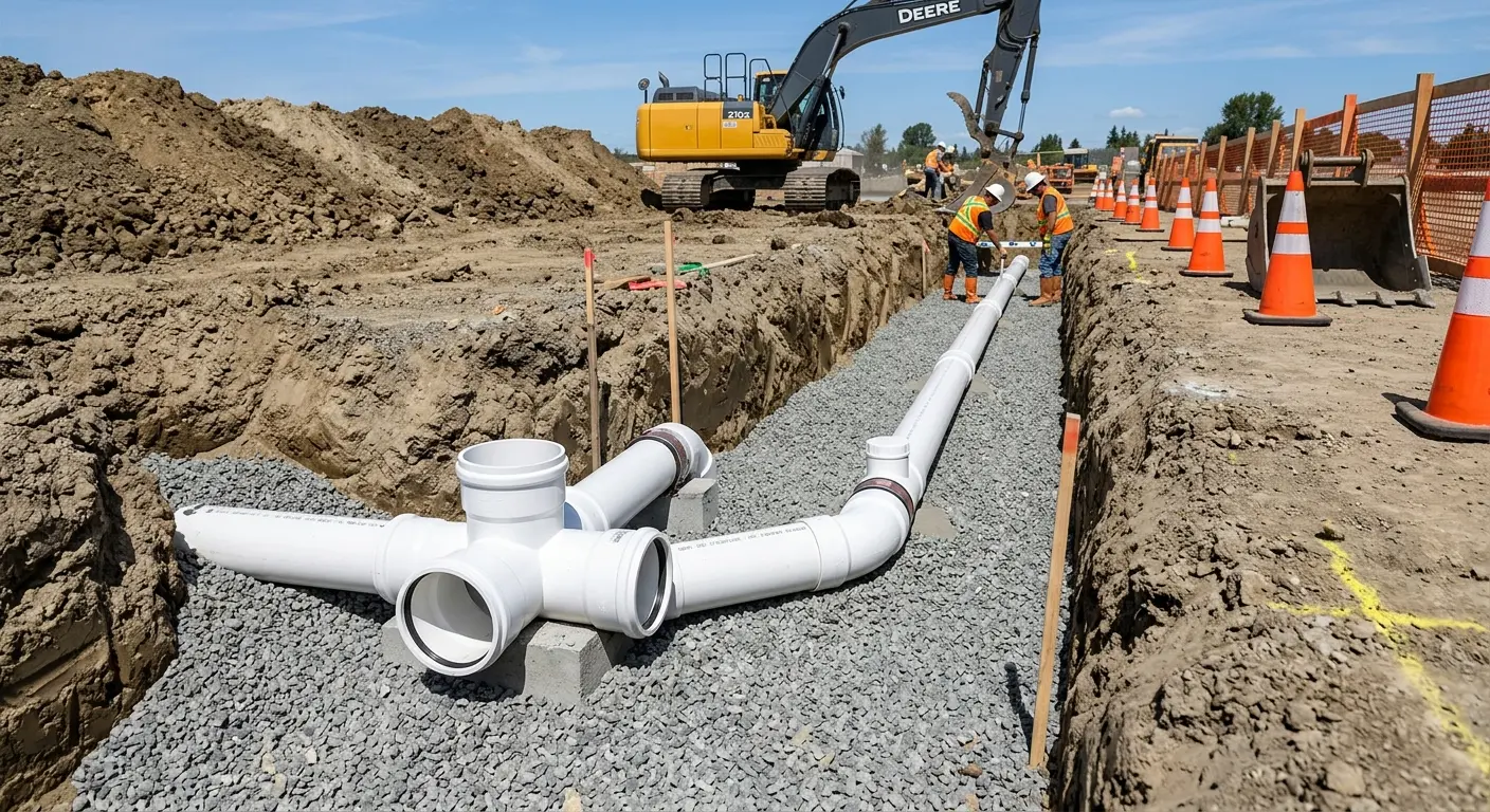 New PVC sewer pipe installation in open trench for Sewer Backup in Fountain Hills