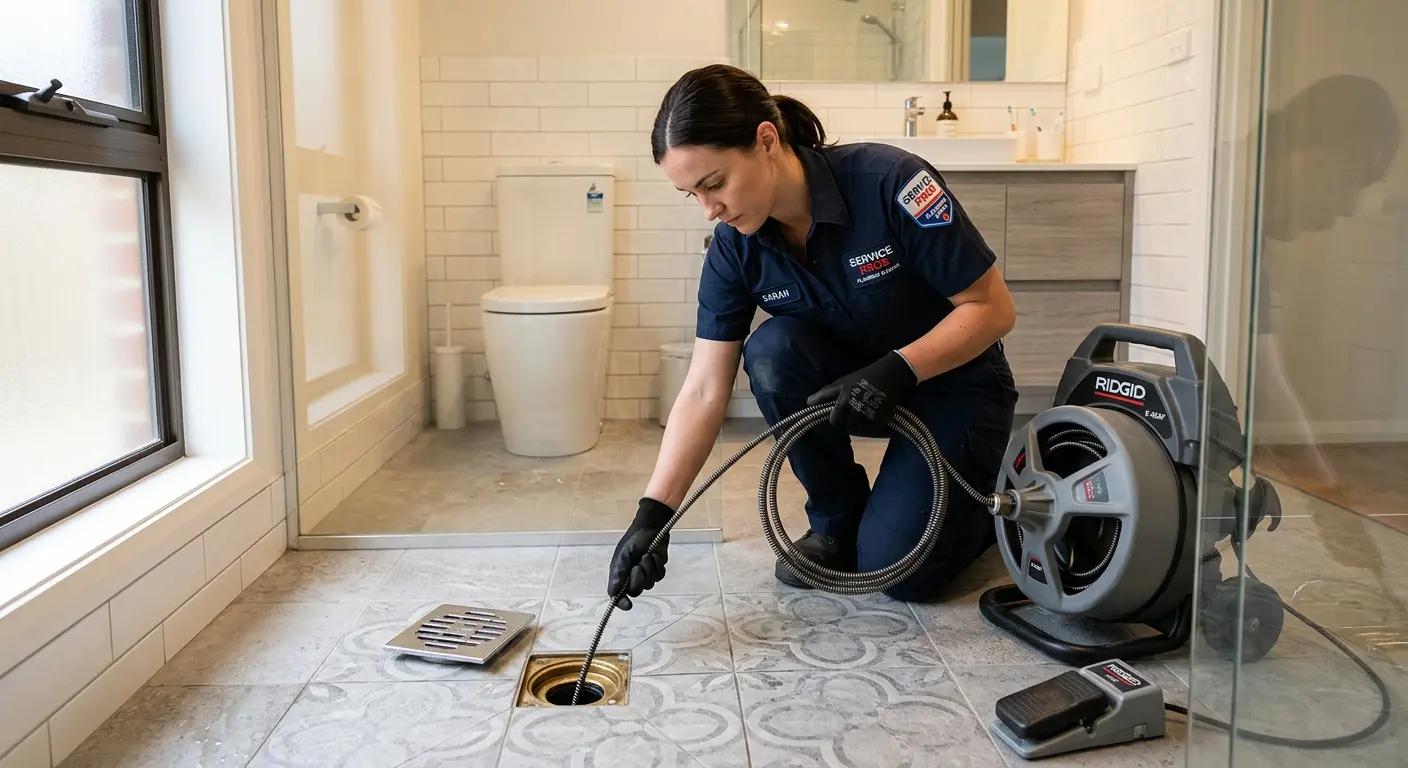 Technician clearing a bathroom floor drain for Sewer Line Replacement in Fountain Hills